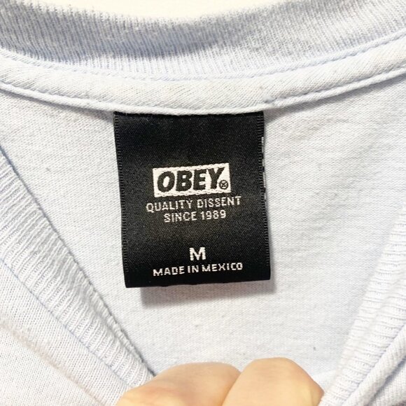 🌷 Obey Worldwide T Shirt Size Medium Baby Blue Spell Out - Picture 6 of 11
